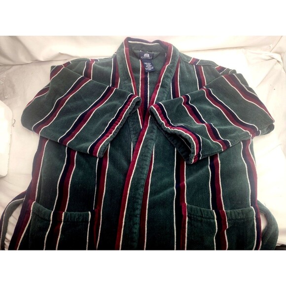 Vintage Stafford Bath Robe OS Mens Green Striped Thick Terry Cloth Belted Cotton - Picture 12 of 13